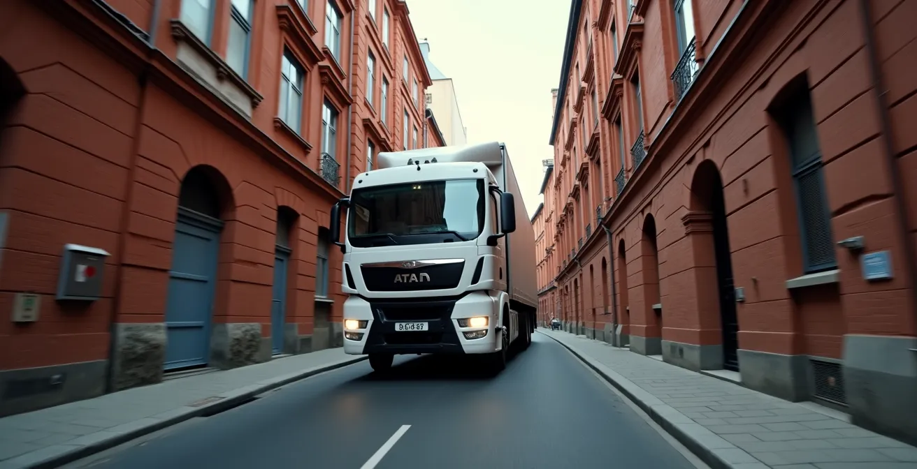 Camion de déménagement dans une rue étroite typique de Toulouse avec immeubles en briques rouges