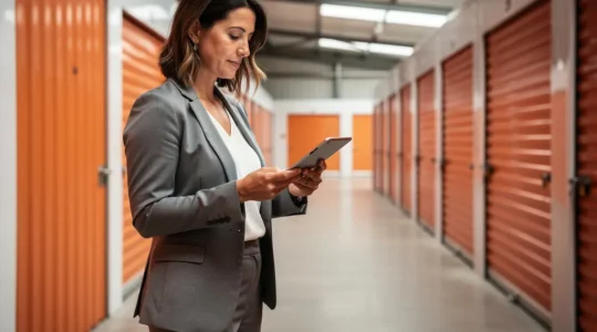 Responsable d'entreprise consultant tablette devant allée de boxes de stockage professionnel