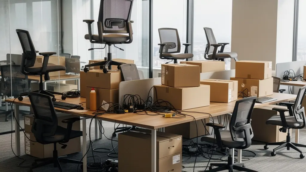 Espace de bureaux professionnel encombré de cartons pendant phase de déménagement