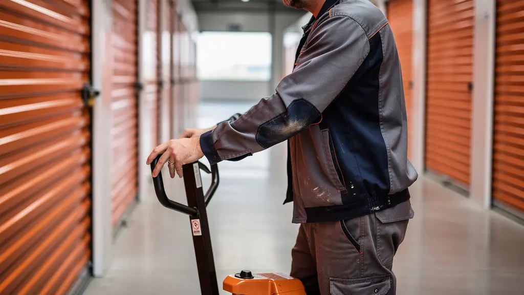 Employé utilisant un transpalette pour déplacer des cartons dans un centre de self-stockage
