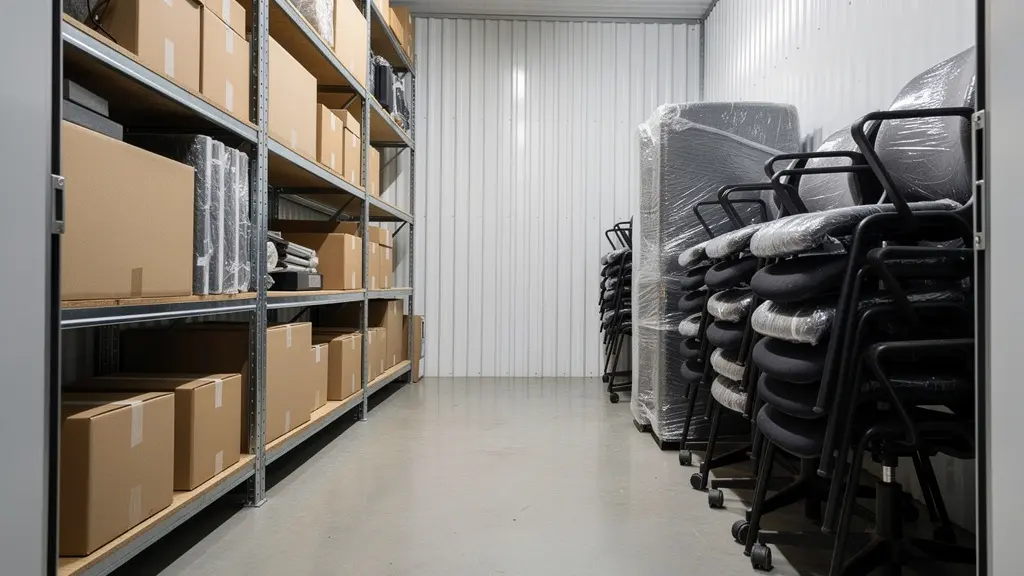 Intérieur de box de stockage professionnel avec mobilier de bureau emballé et cartons organisés