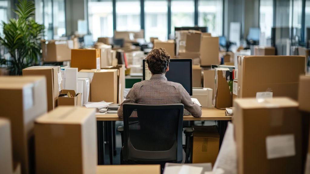 Espace de bureaux professionnel encombré de cartons pendant phase de déménagement